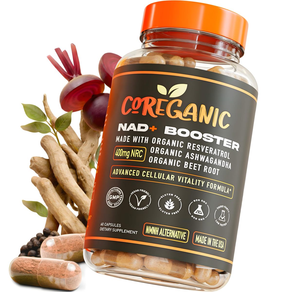 Coreganic NAD+ Booster — 60 vegan capsules, 400mg nicotinamide riboside