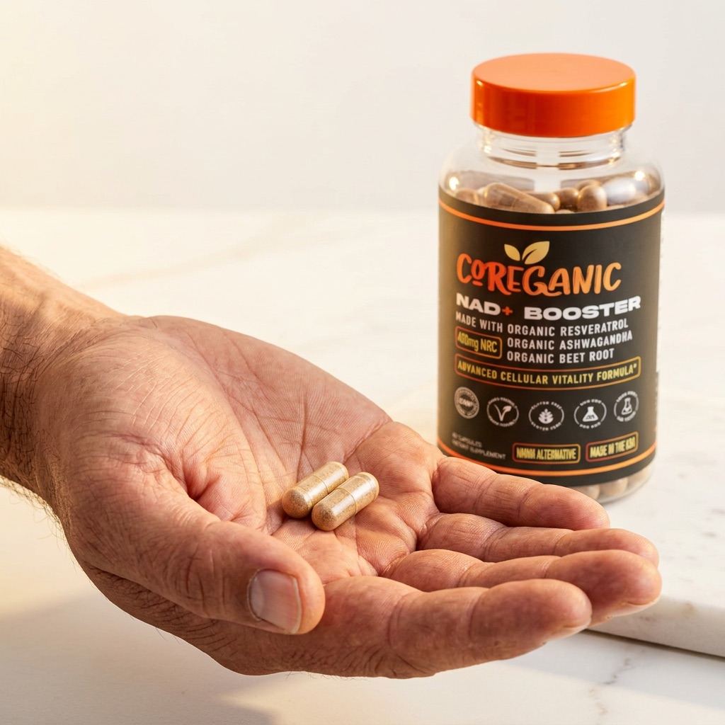 Two Coreganic capsules in a man's open hand, bottle in the background
