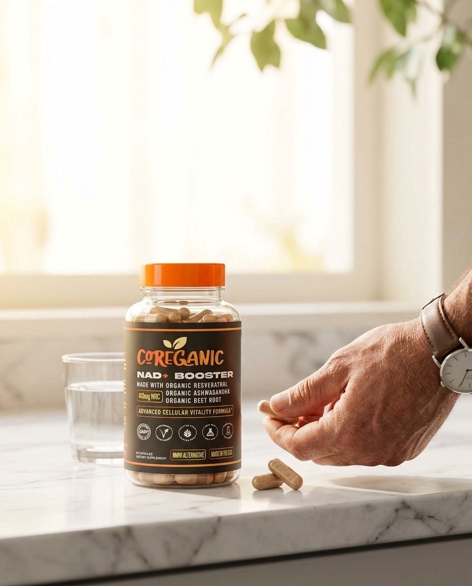 Coreganic NAD+ Booster bottle on a kitchen counter, a man's hand holding two capsules