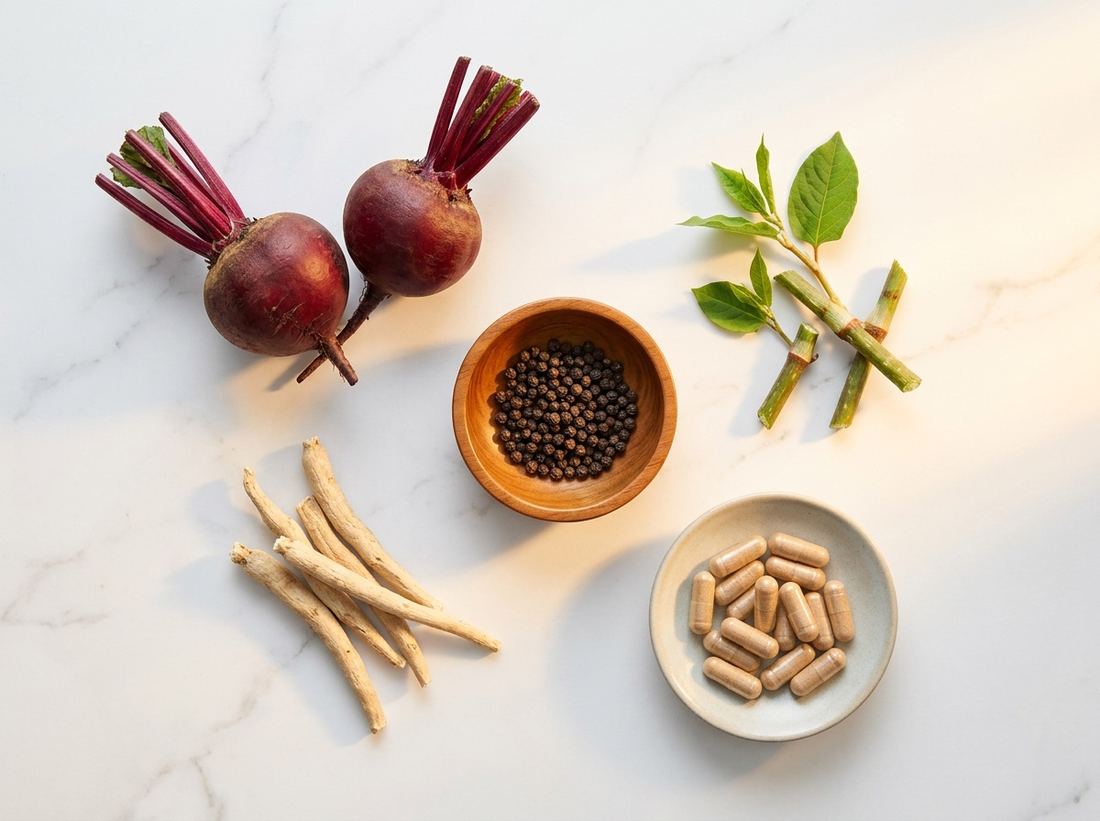 Beet root, ashwagandha root, knotweed and black peppercorns beside Coreganic capsules