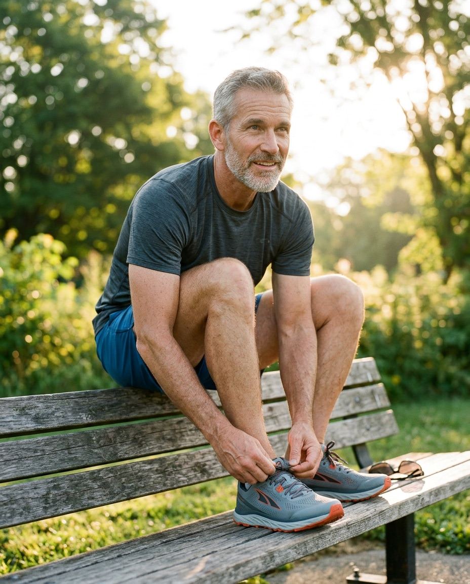 Man in his fifties lacing running shoes on a park bench at golden hour