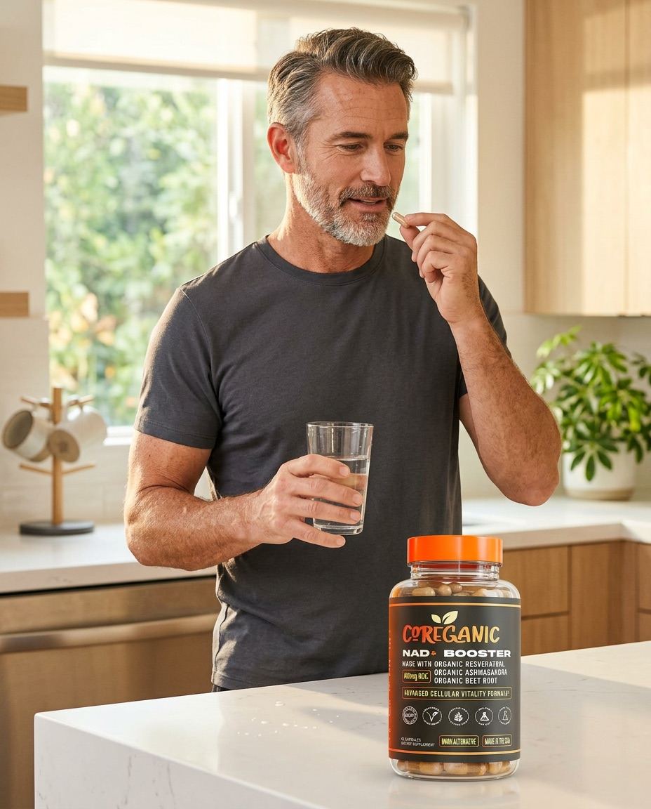 Man in his fifties taking Coreganic with a glass of water in a sunlit kitchen